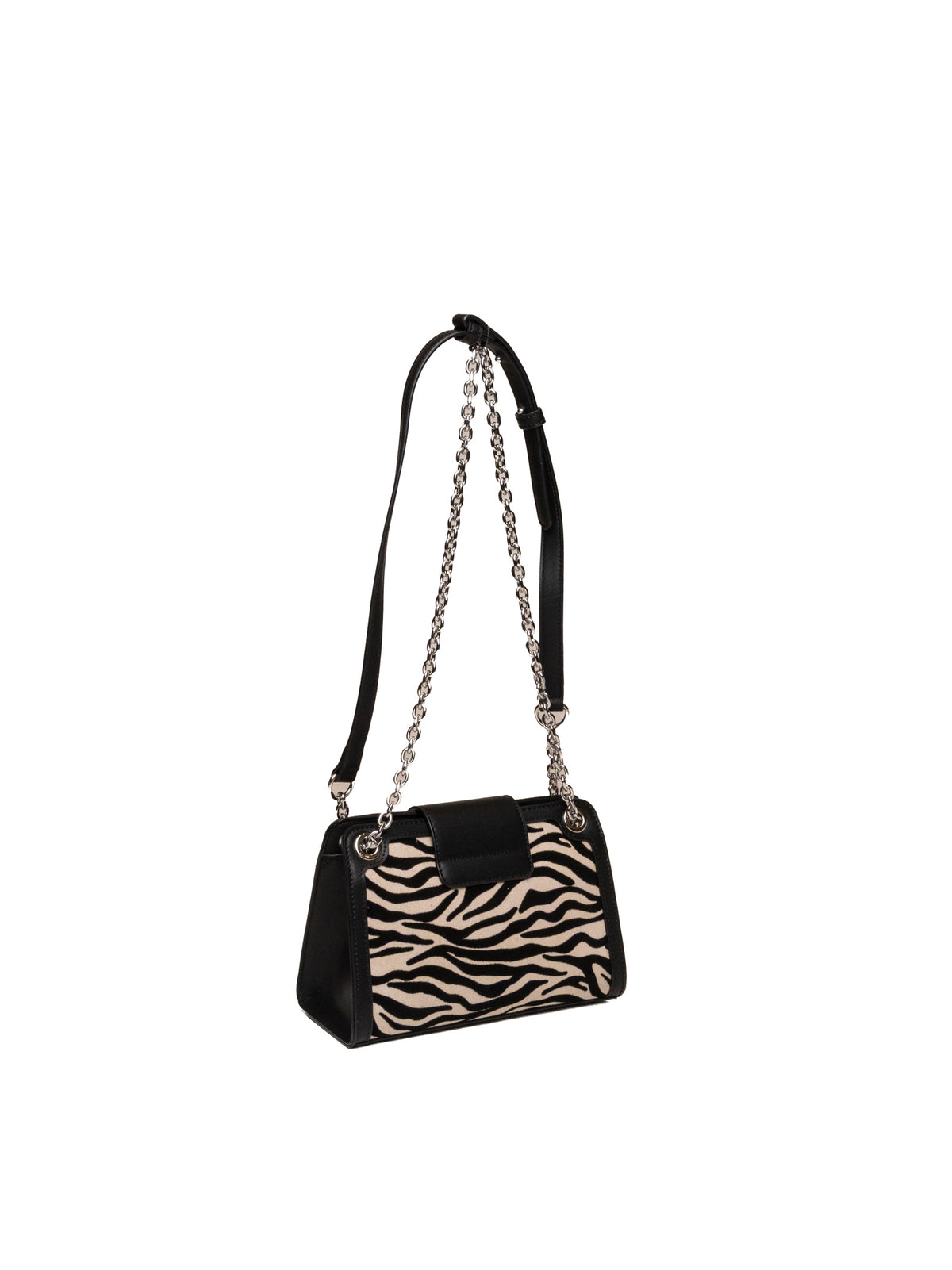 Borsa a tracolla Armani Exchange zebrata nera e crema con spallaccio e catena, vista posteriore