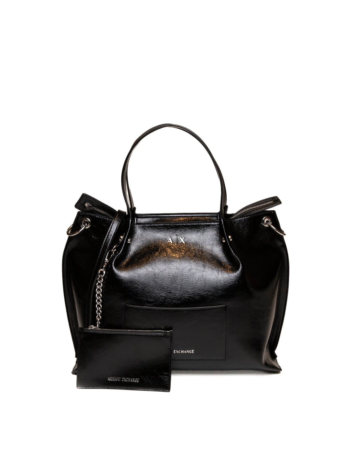 Borsa tote nera in vernice Armani Exchange vista frontale con pochette e dettagli argento