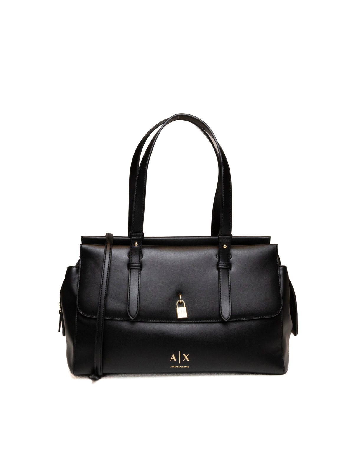 Borsa a spalla in pelle nera Armani Exchange con lucchetto dorato vista frontale