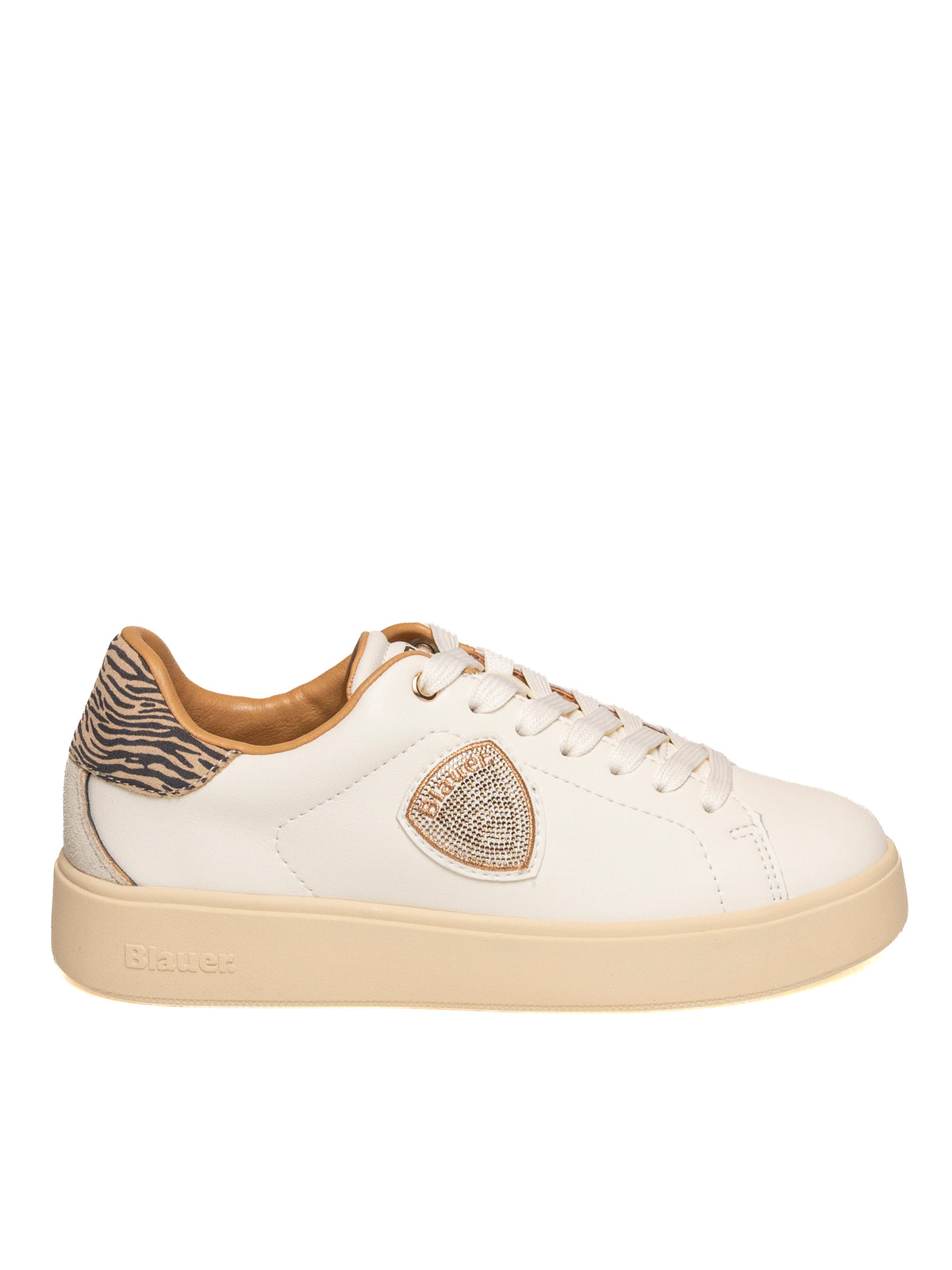 Sneaker bassa in pelle panna Blauer con scudo decorativo con strass sul profilo esterno