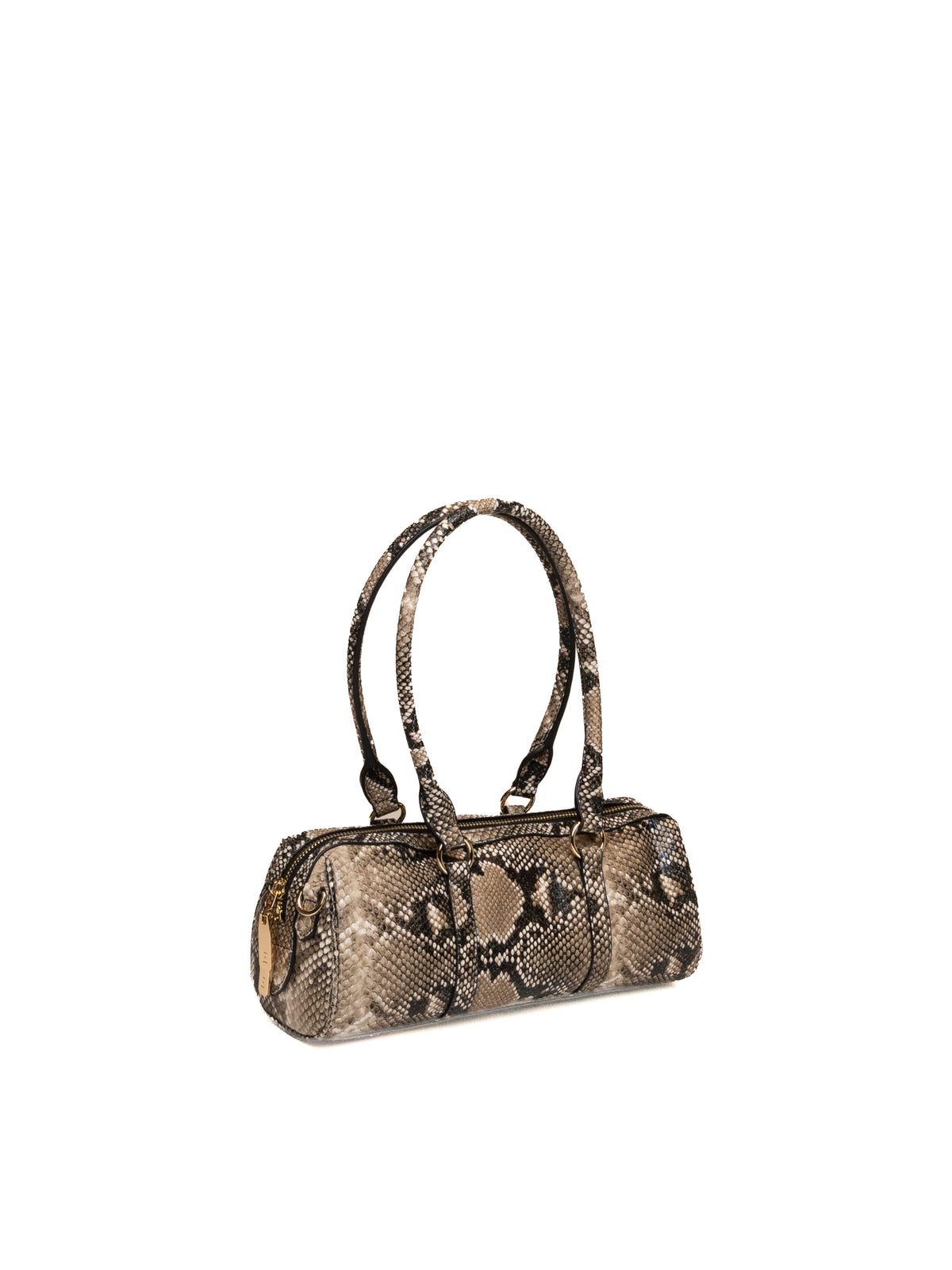 Bauletto in pelle pitonata beige Ermanno Scervino vista di tre quarti con tirazip e manici