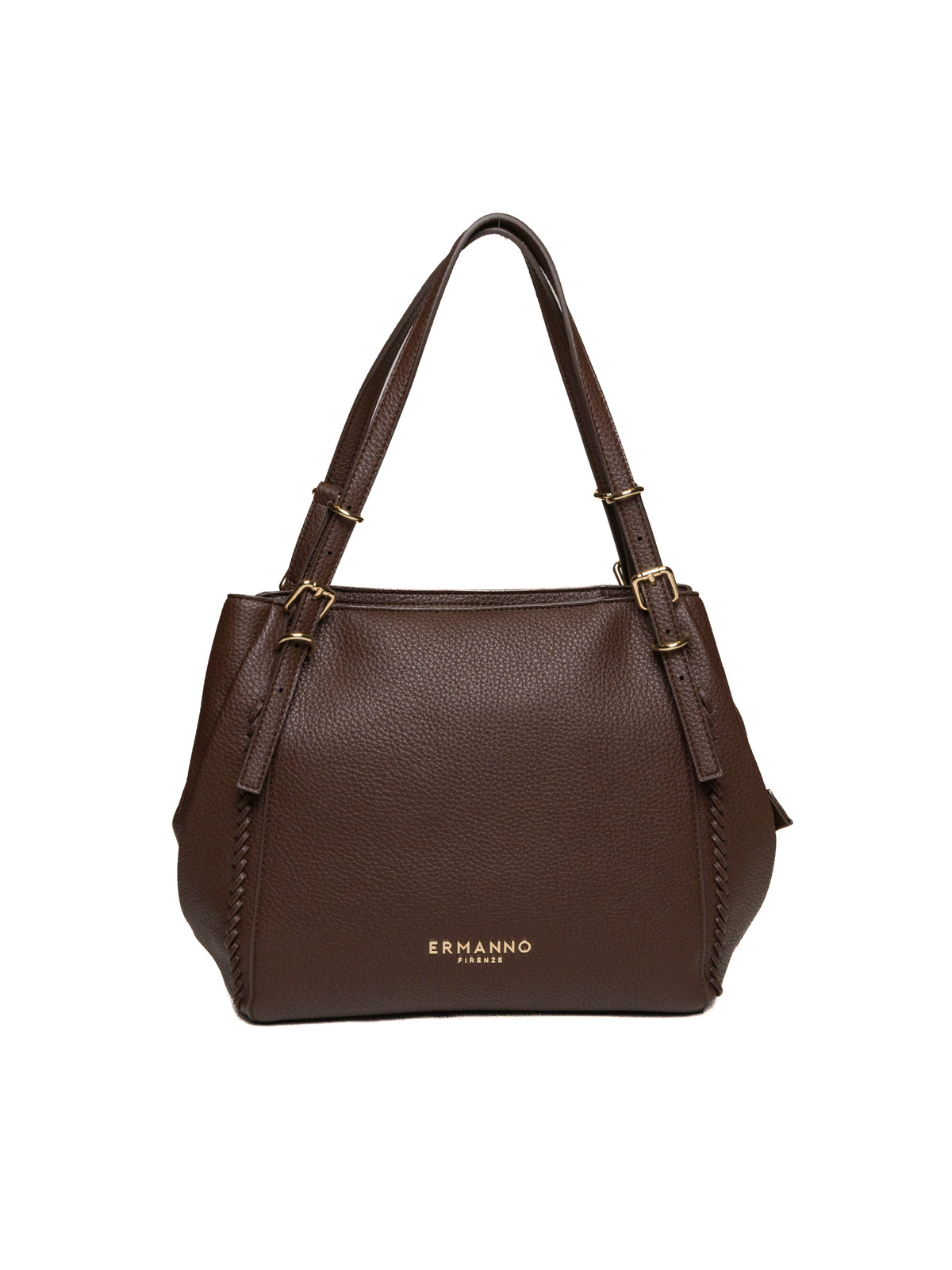Borsa shopping in pelle marrone scuro Ermanno Scervino vista frontale con dettagli intrecciati
