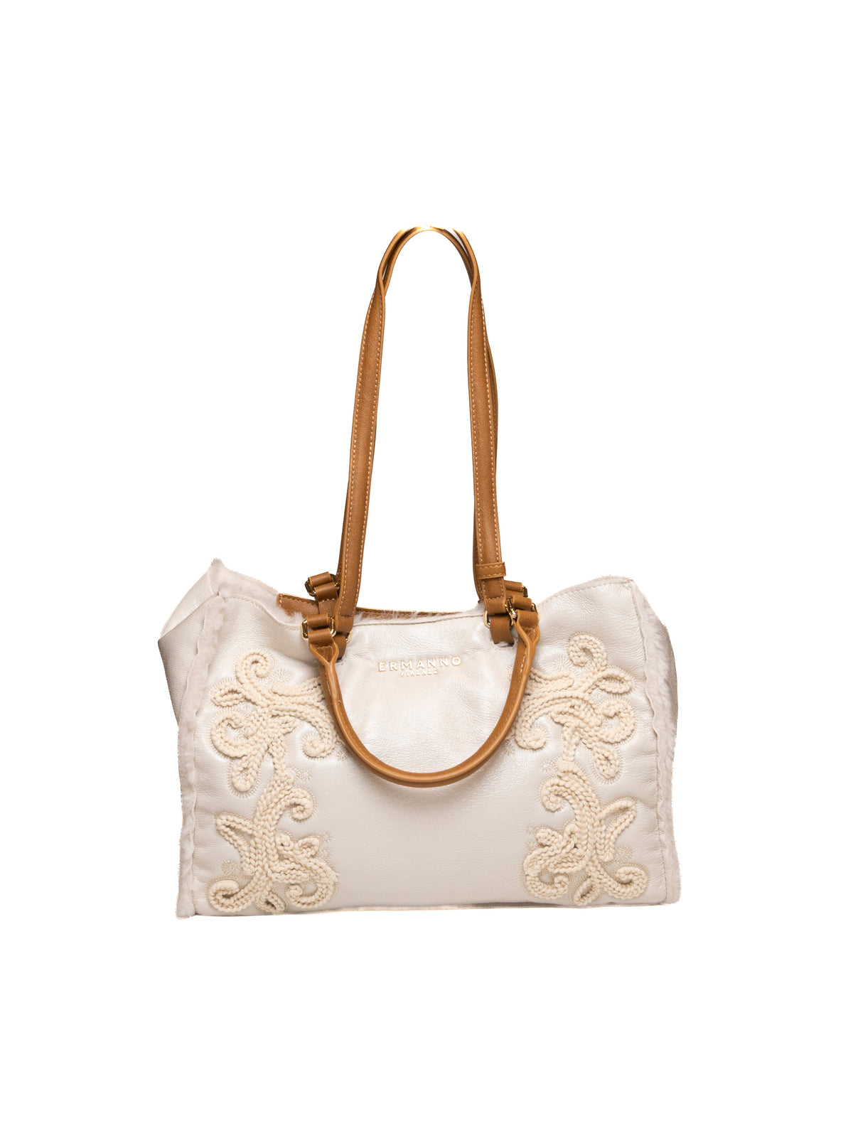 Borsa shopper panna Ermanno Scervino con decori in cordoncino vista frontale