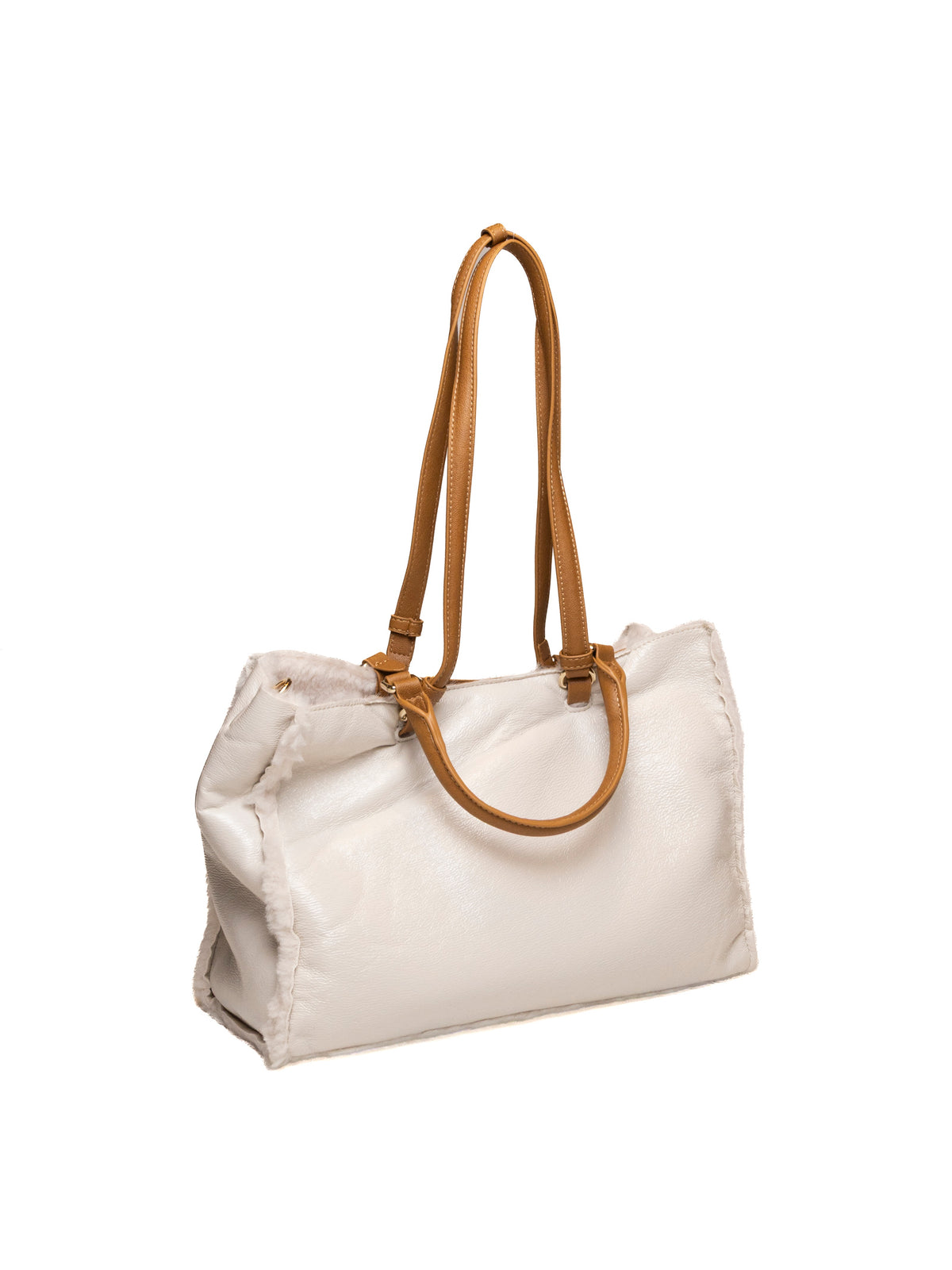 Borsa shopper panna Ermanno Scervino retro liscio e profilo in pelliccia vista tre quarti
