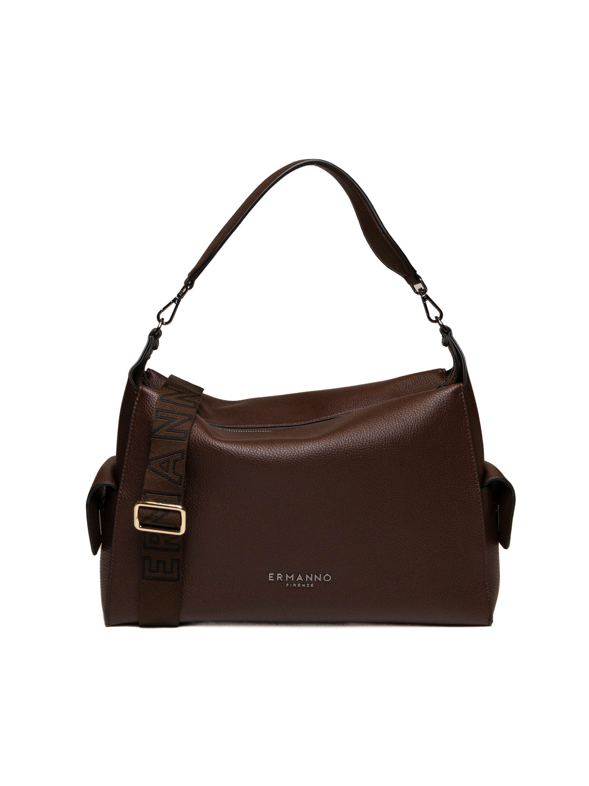 Borsa hobo Belinda in pelle marrone Ermanno Scervino vista frontale con tracolla e logo
