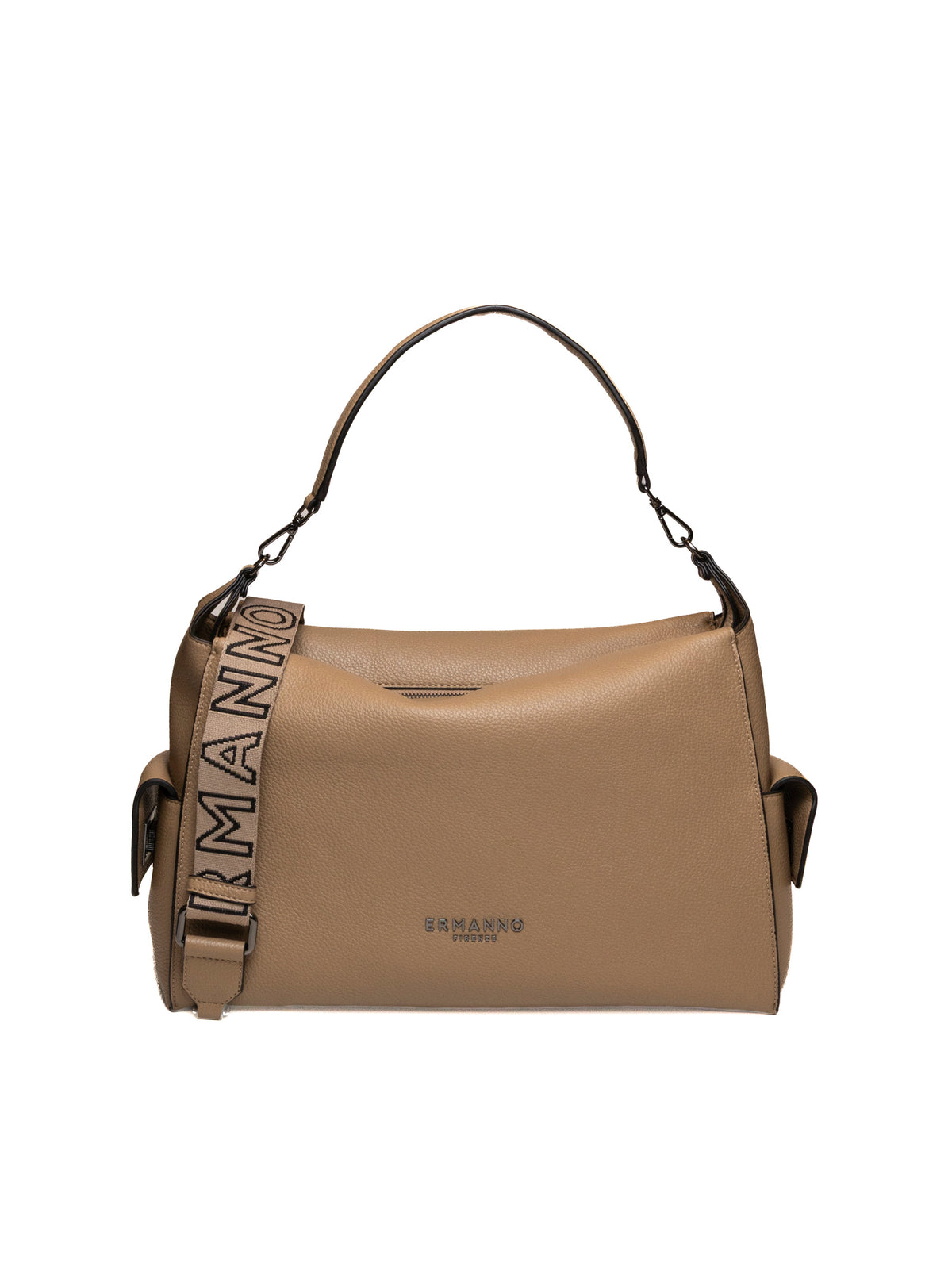 Borsa hobo in pelle sand Ermanno Scervino vista frontale con tracolla in tessuto e logo