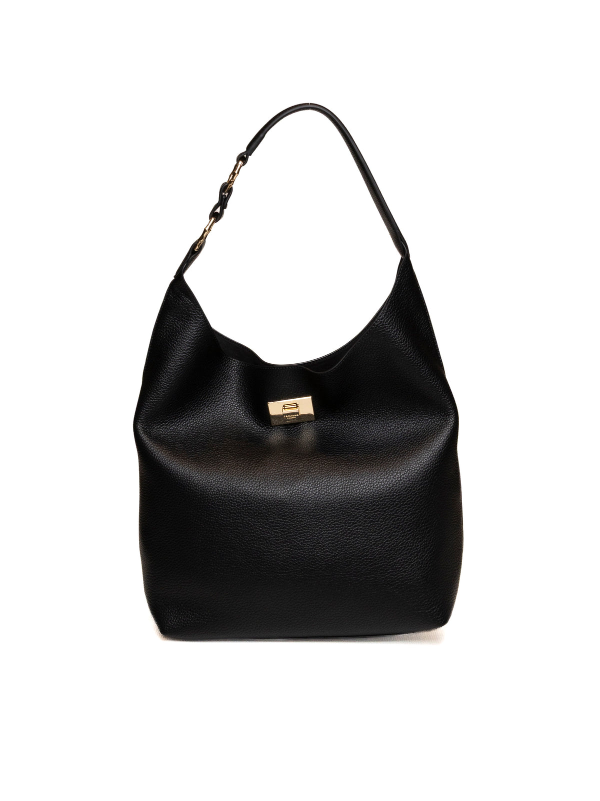 Borsa hobo nera in pelle martellata Ermanno Scervino con chiusura dorata vista dal fronte
