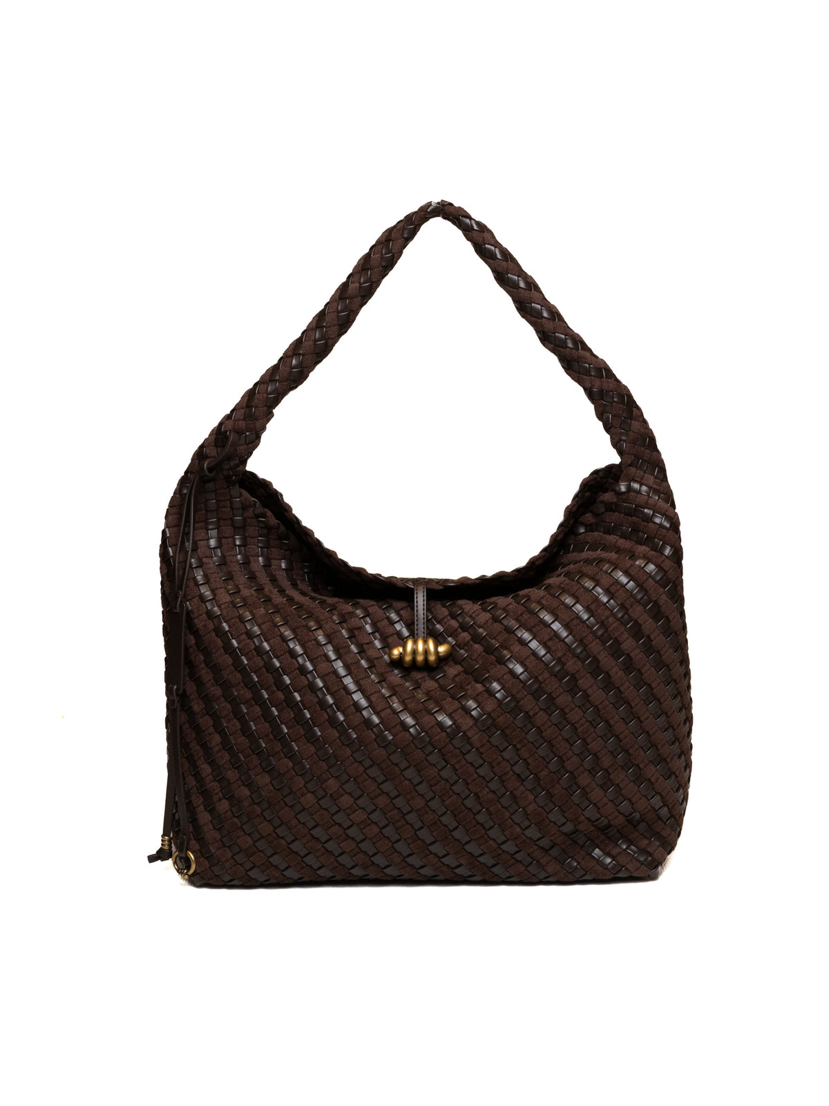 Borsa hobo Aurelie in pelle intrecciata espresso Gianni Chiarini vista frontale con fermaglio scultoreo