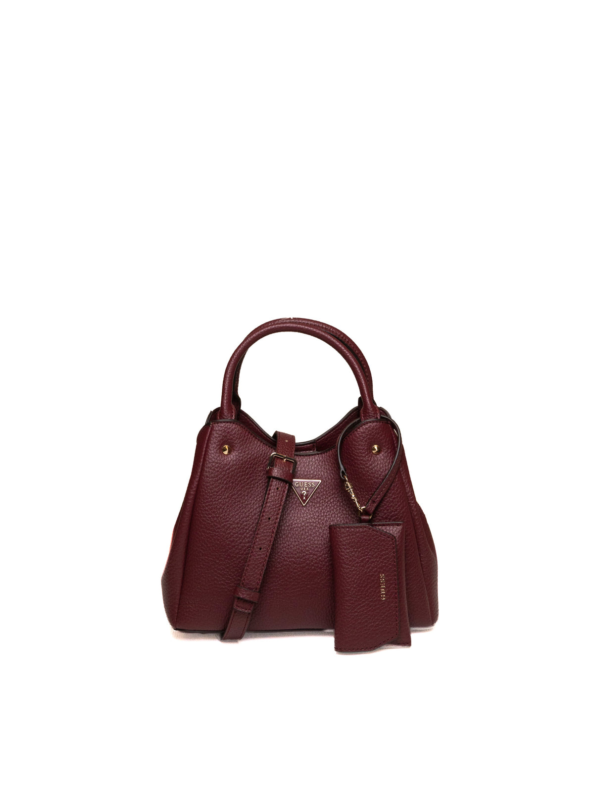 Borsa trapezoidale in pelle martellata merlot GUESS con tracolla, pochette e placchetta dorata frontale