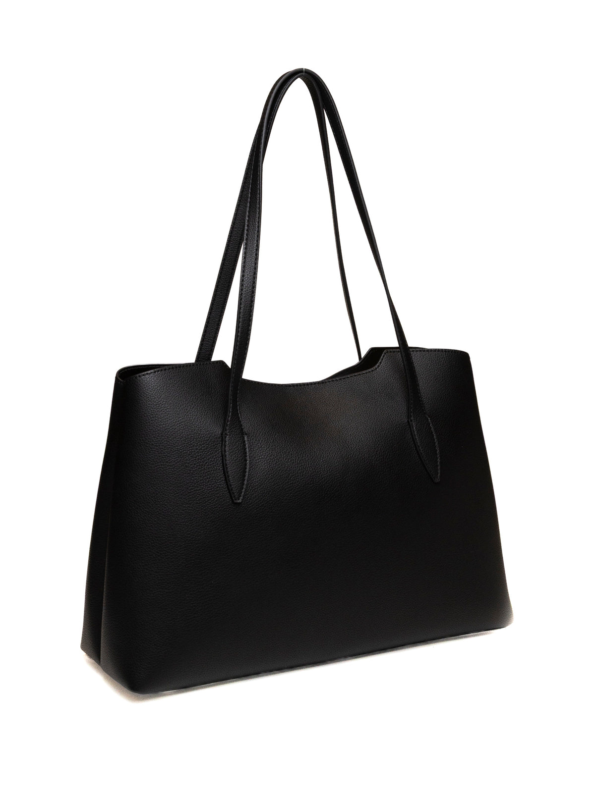 Borsa shopping Melody nero GUESS vista di tre quarti con pannello posteriore uniforme