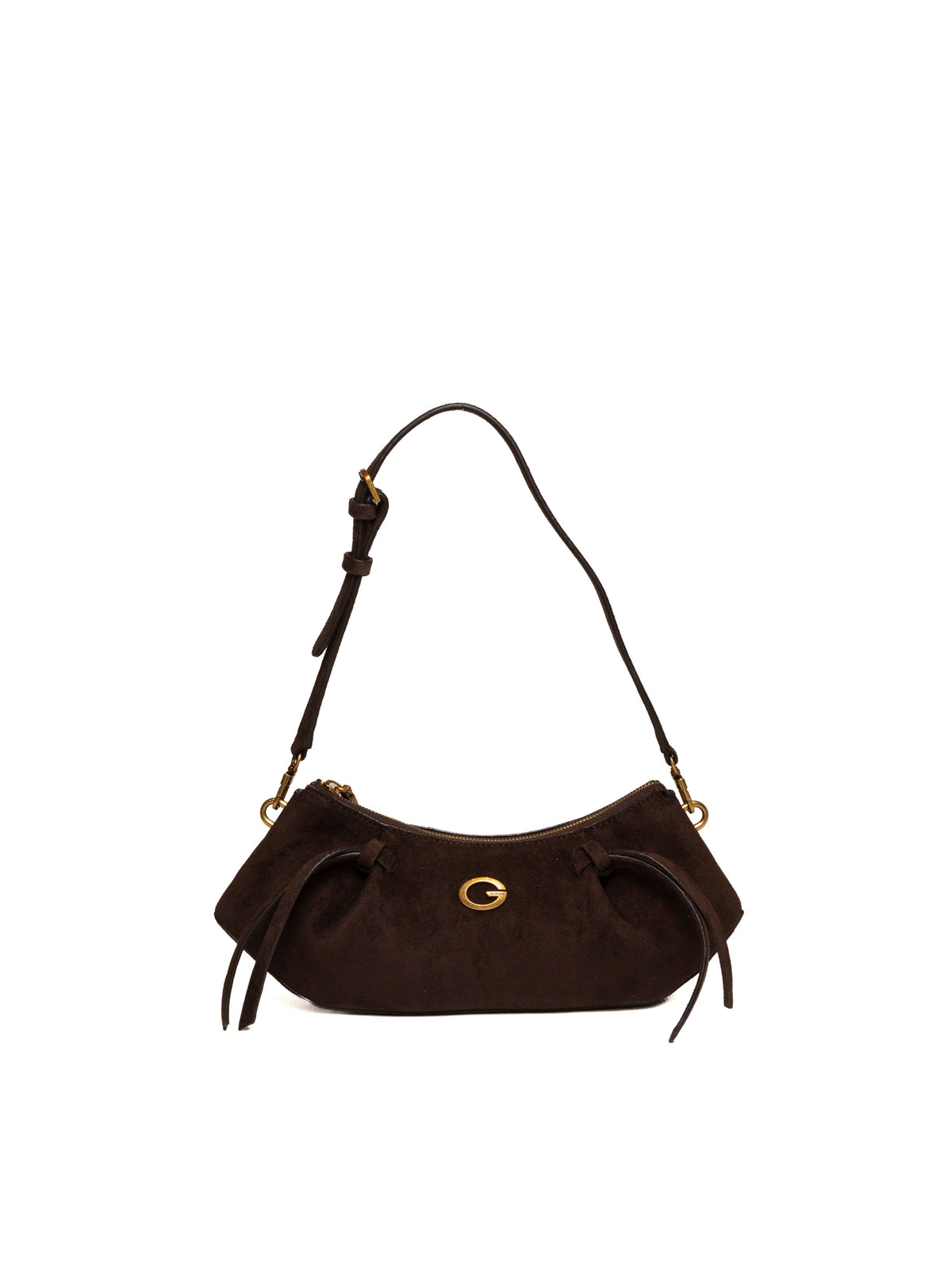 Borsa a spalla marrone scuro GUESS vista frontale con logo dorato e lacci pendenti