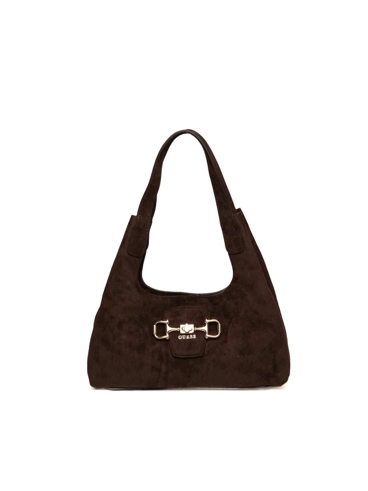 Borsa hobo in camoscio marrone GUESS vista frontale con morsetto dorato e logo