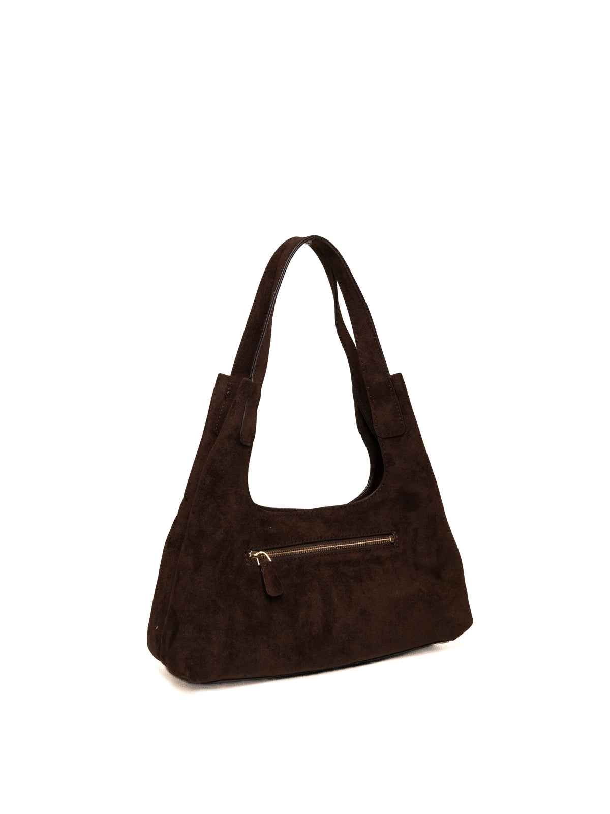 Borsa hobo in camoscio marrone GUESS vista posteriore di tre quarti con tasca zip