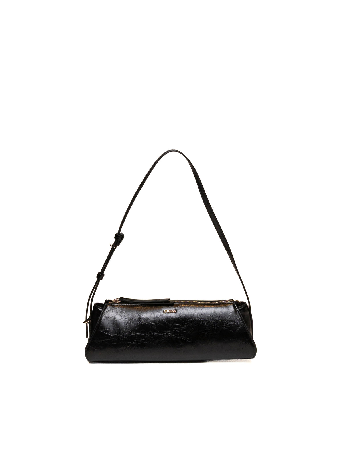 Borsa a tracolla in pelle nera GUESS vista frontale con logo dorato e spallaccio