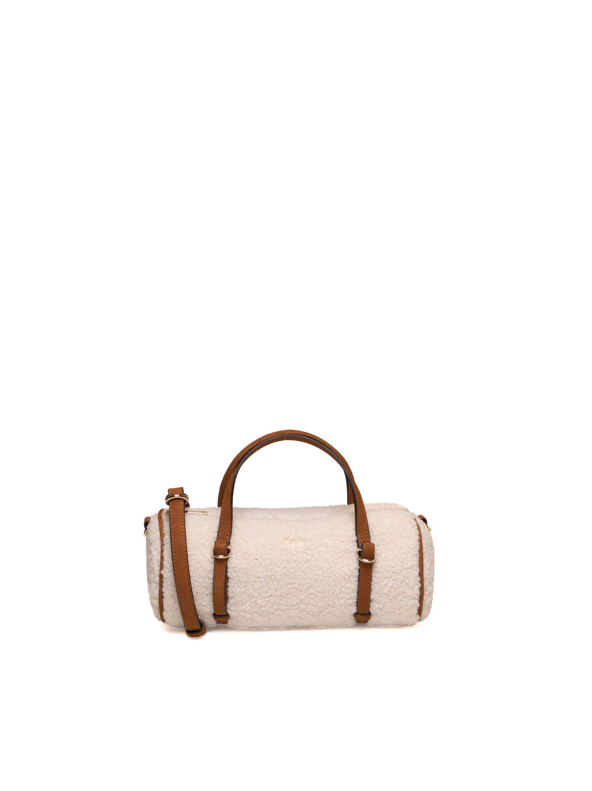 Borsa bauletto cilindrico GUESS Off White con manici e tracolla vista frontale