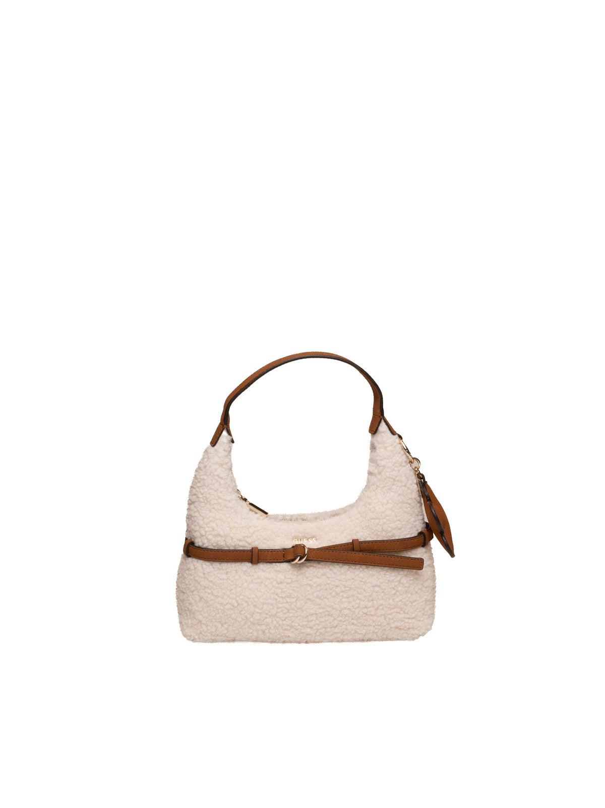 Borsa hobo Off White Guess vista frontale con manico cognac e pendente decorativo
