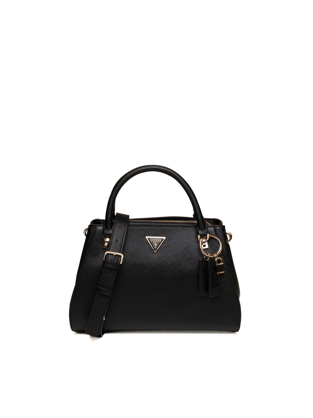 Borsa a mano nera GUESS in pelle con logo dorato e charm anteriore