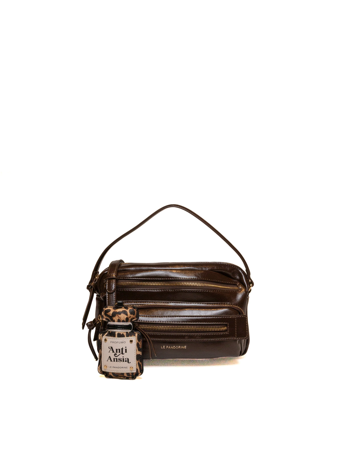 Borsa in pelle testa di moro LE PANDORINE vista frontale con charm e tasche