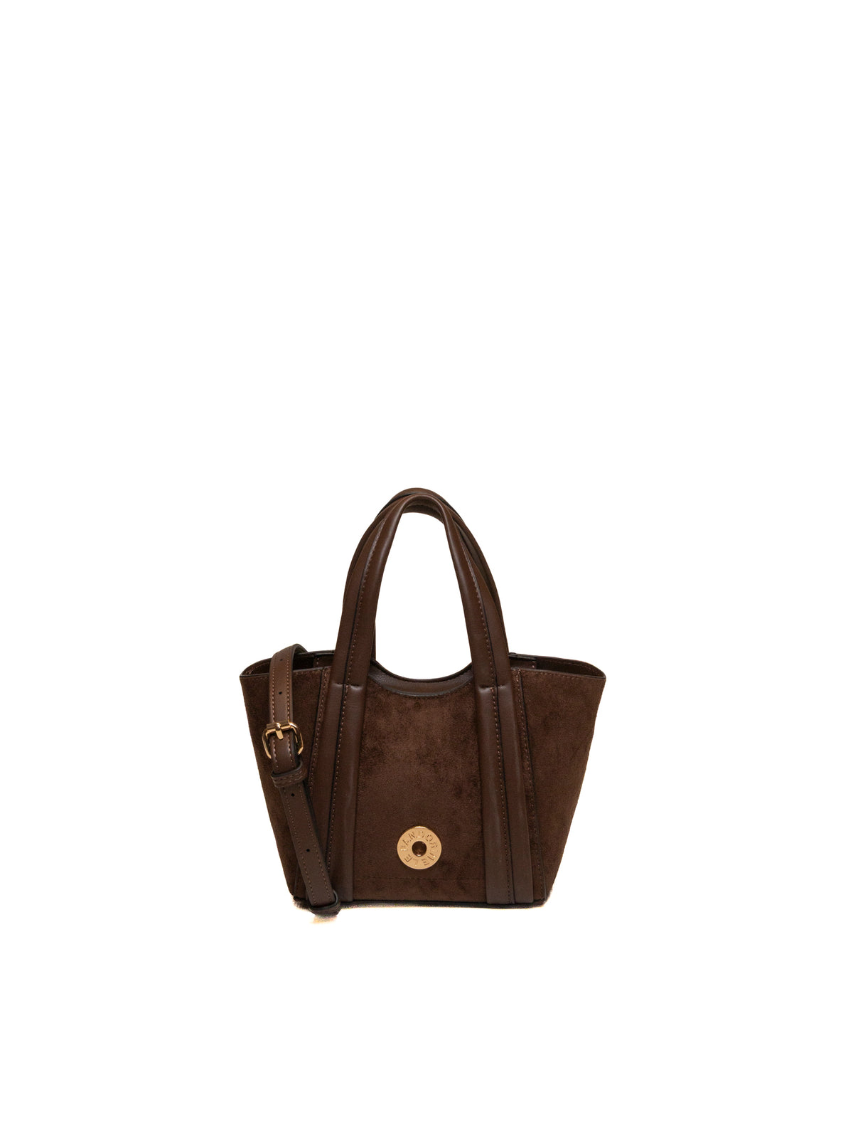 Mini tote in camoscio testa di moro Le Pandorine con ciondolo dorato e tracolla, vista frontale