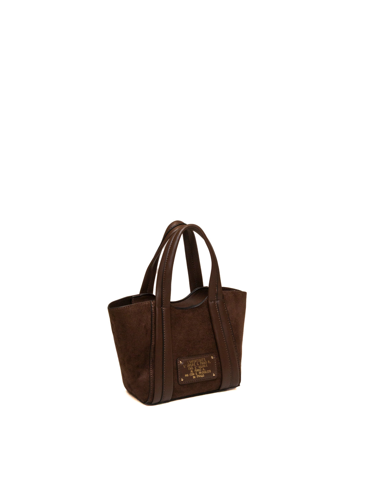 Mini tote Le Pandorine camoscio testa di moro con targhetta metallica dorata incisa, vista posteriore