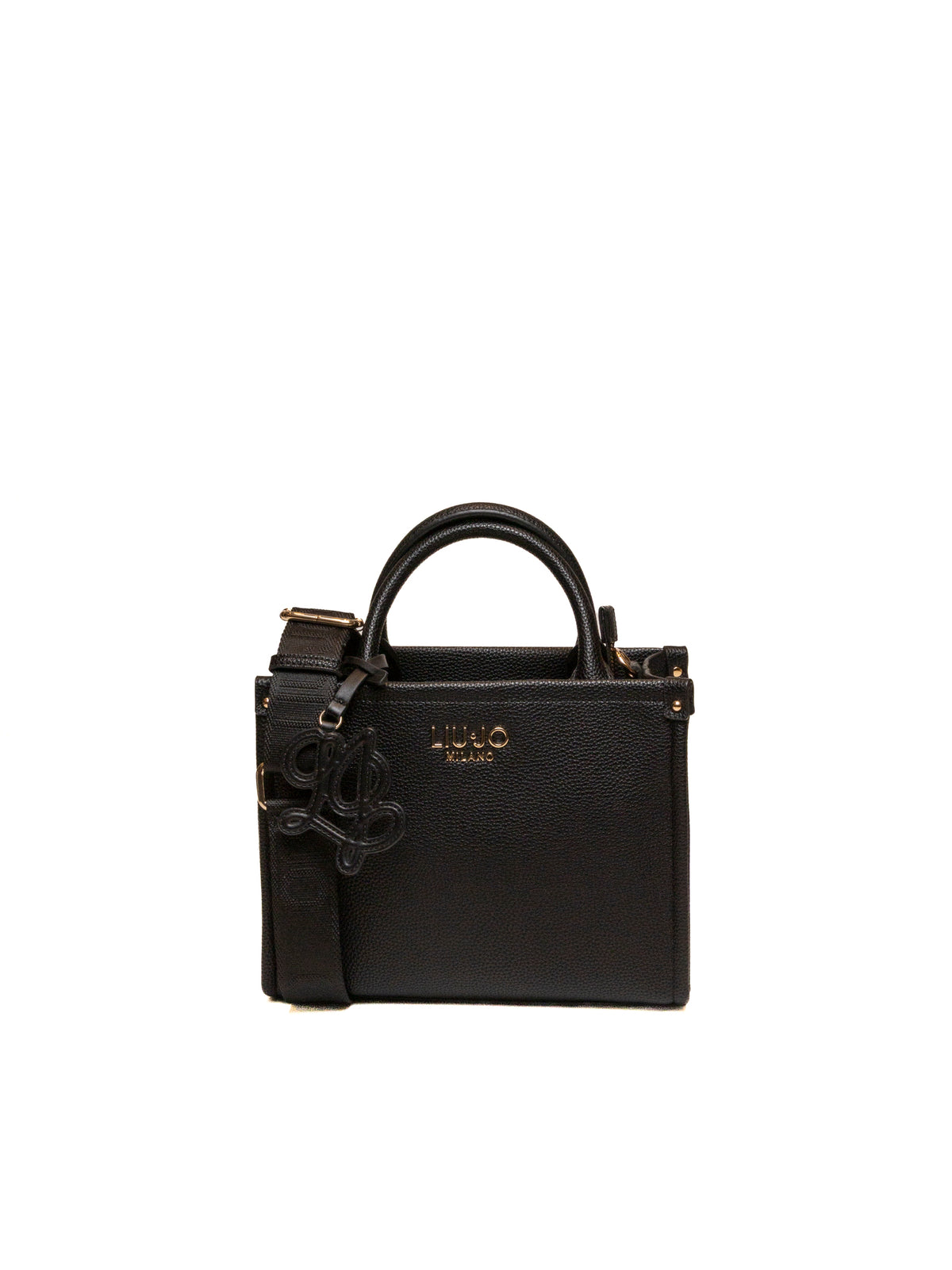 Borsa a mano in pelle martellata nera LIU JO vista frontale con logo e tracolla