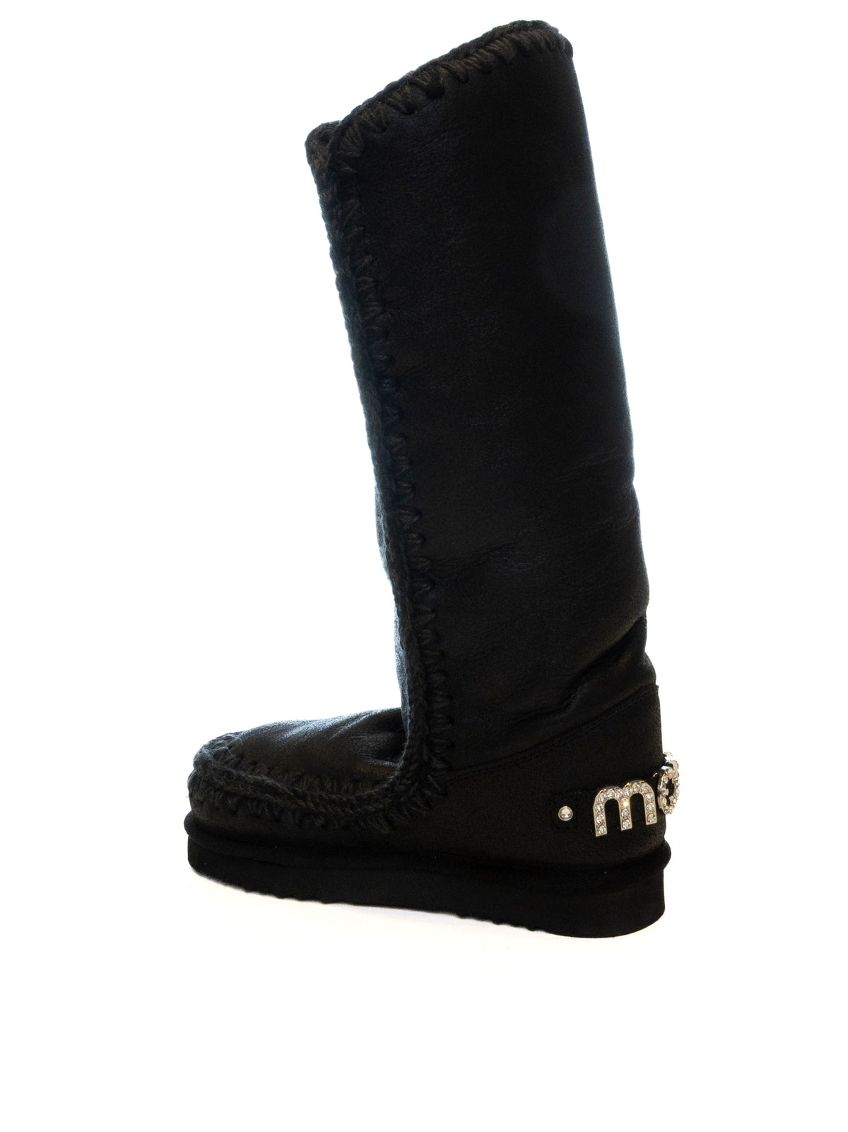 Stivale alto in montone nero Mou vista laterale con logo in strass sul tallone