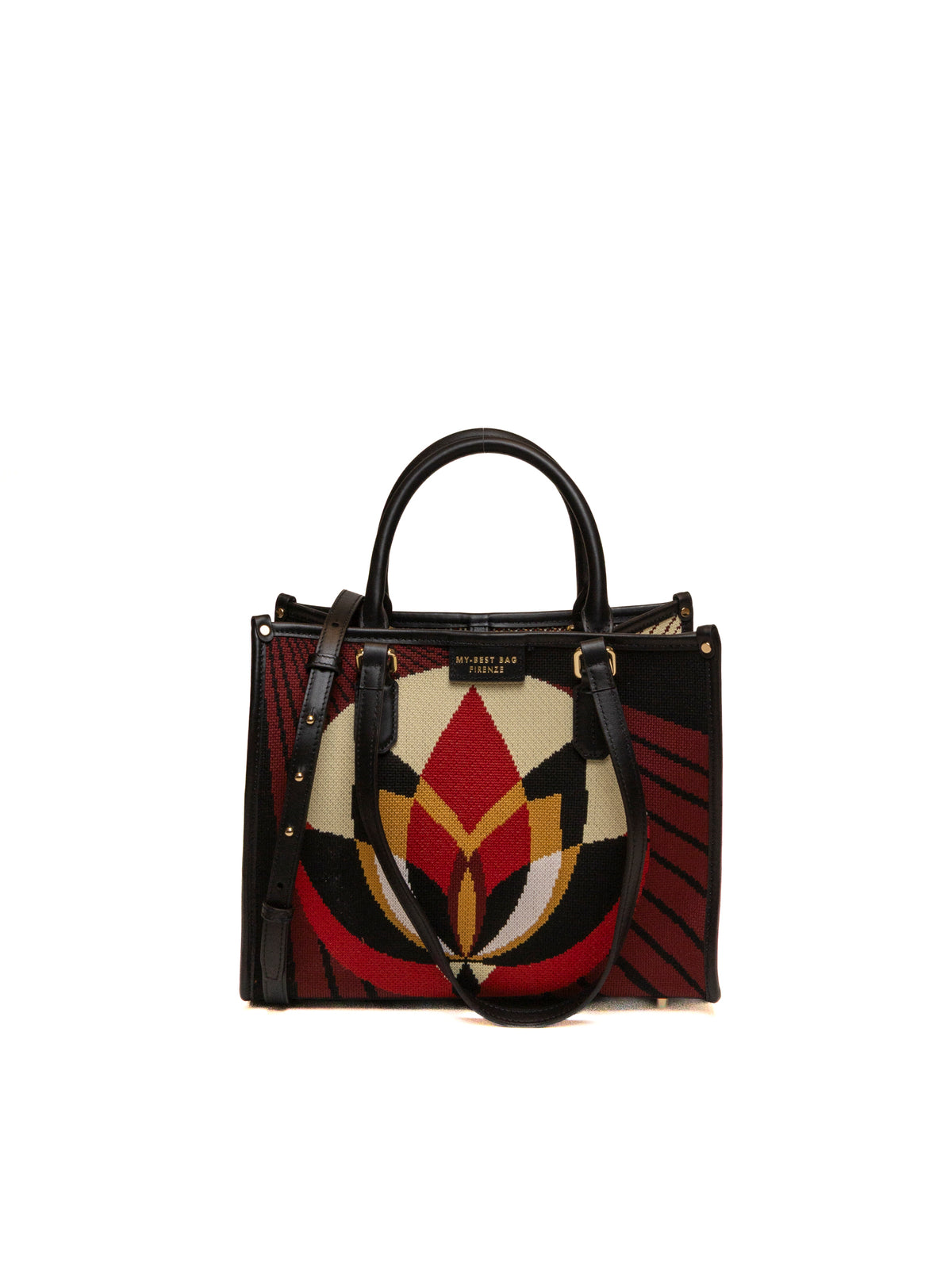 Shopper in tessuto geometrico multicolor MY-BEST BAG con manici e logo dorato