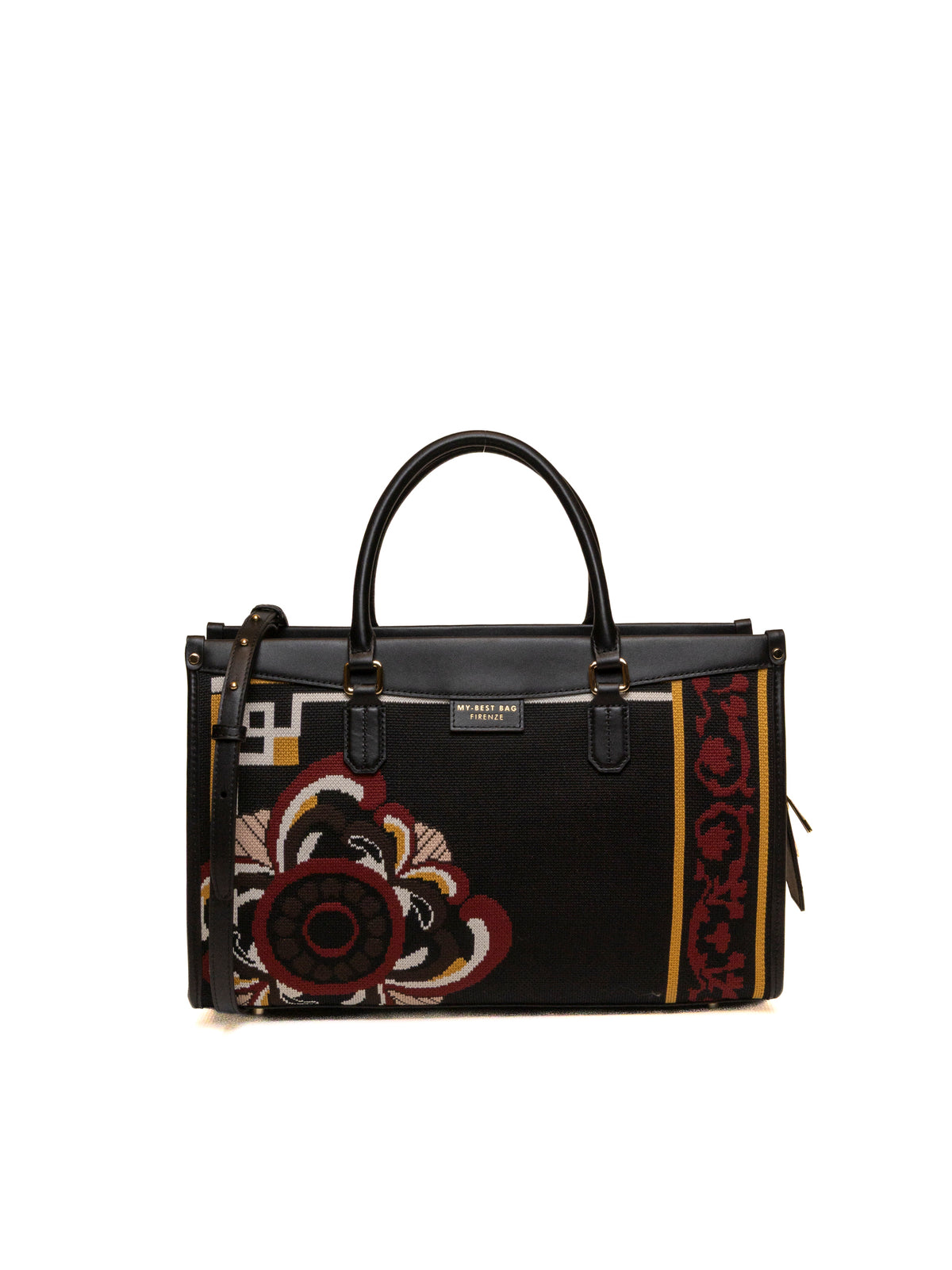 Borsa shopping a mano in tessuto multicolore e pelle nera MY-BEST BAG vista frontale