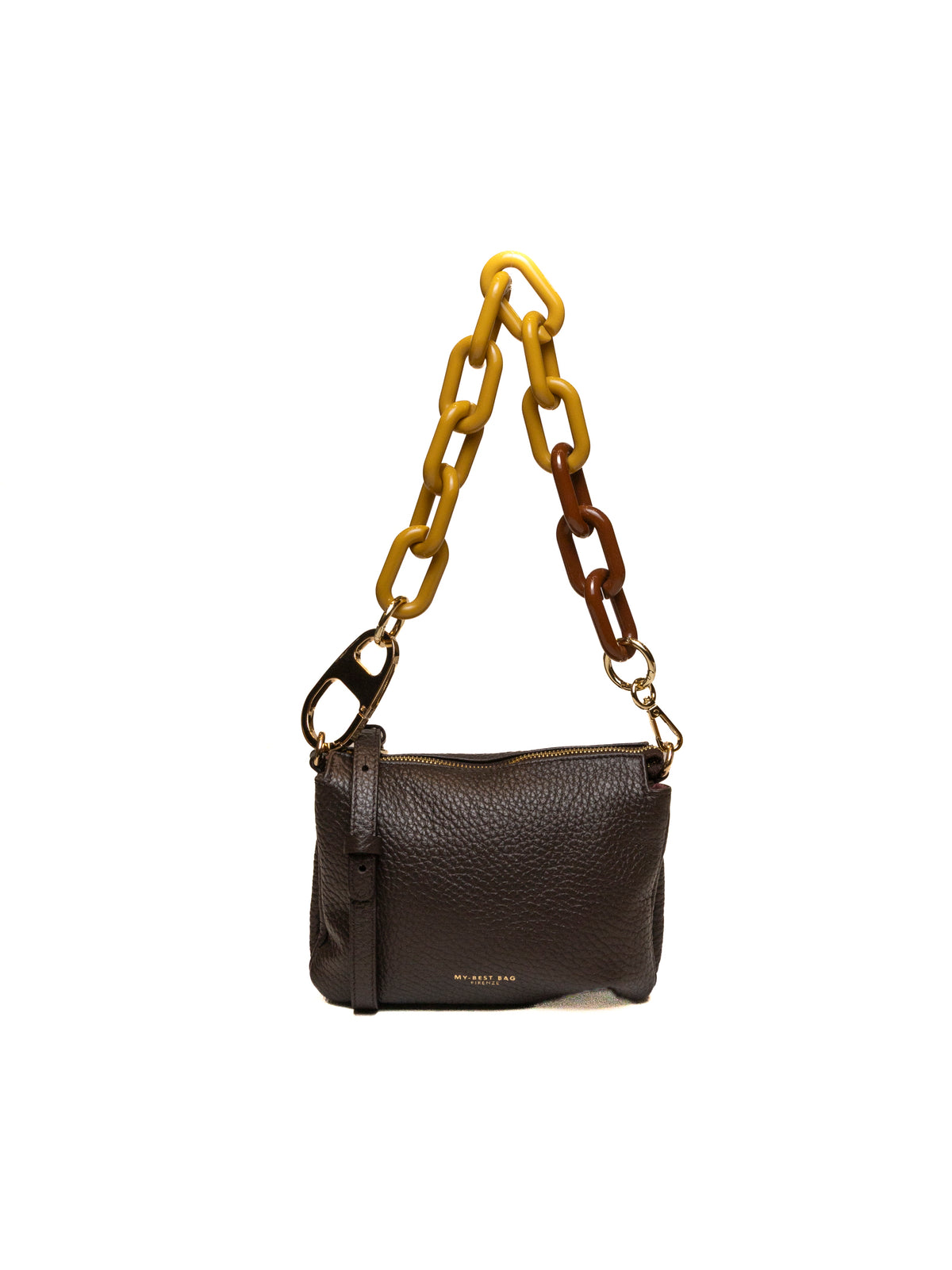 Borsa a spalla in pelle marrone scuro MY-BEST BAG vista frontale con tracolla in resina