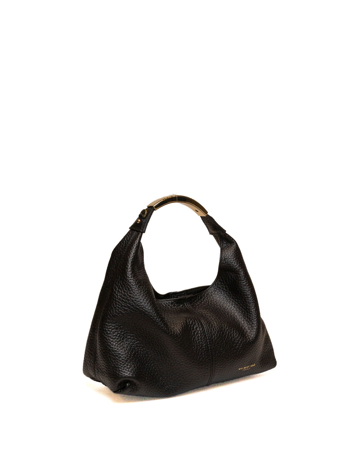 Borsa hobo in pelle nera MY-BEST BAG vista di tre quarti con logo dorato