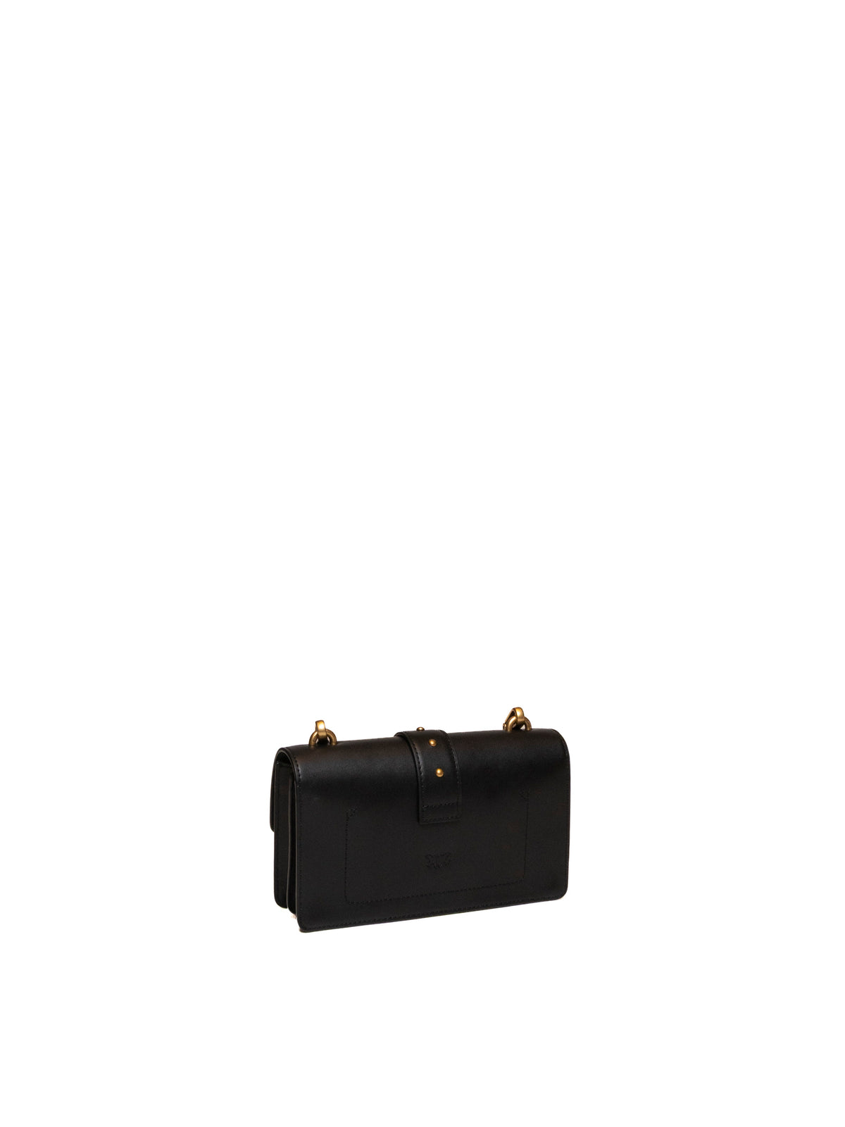 Borsa a tracolla in pelle nera PINKO vista di tre quarti con tasca posteriore a fessura.