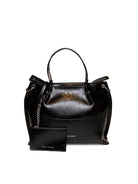 Borsa tote nera in vernice Armani Exchange vista frontale con pochette e dettagli argento