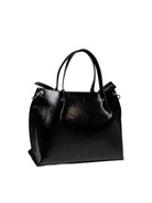 Borsa tote nera Armani Exchange in vernice stropicciata vista dal retro con manici doppi
