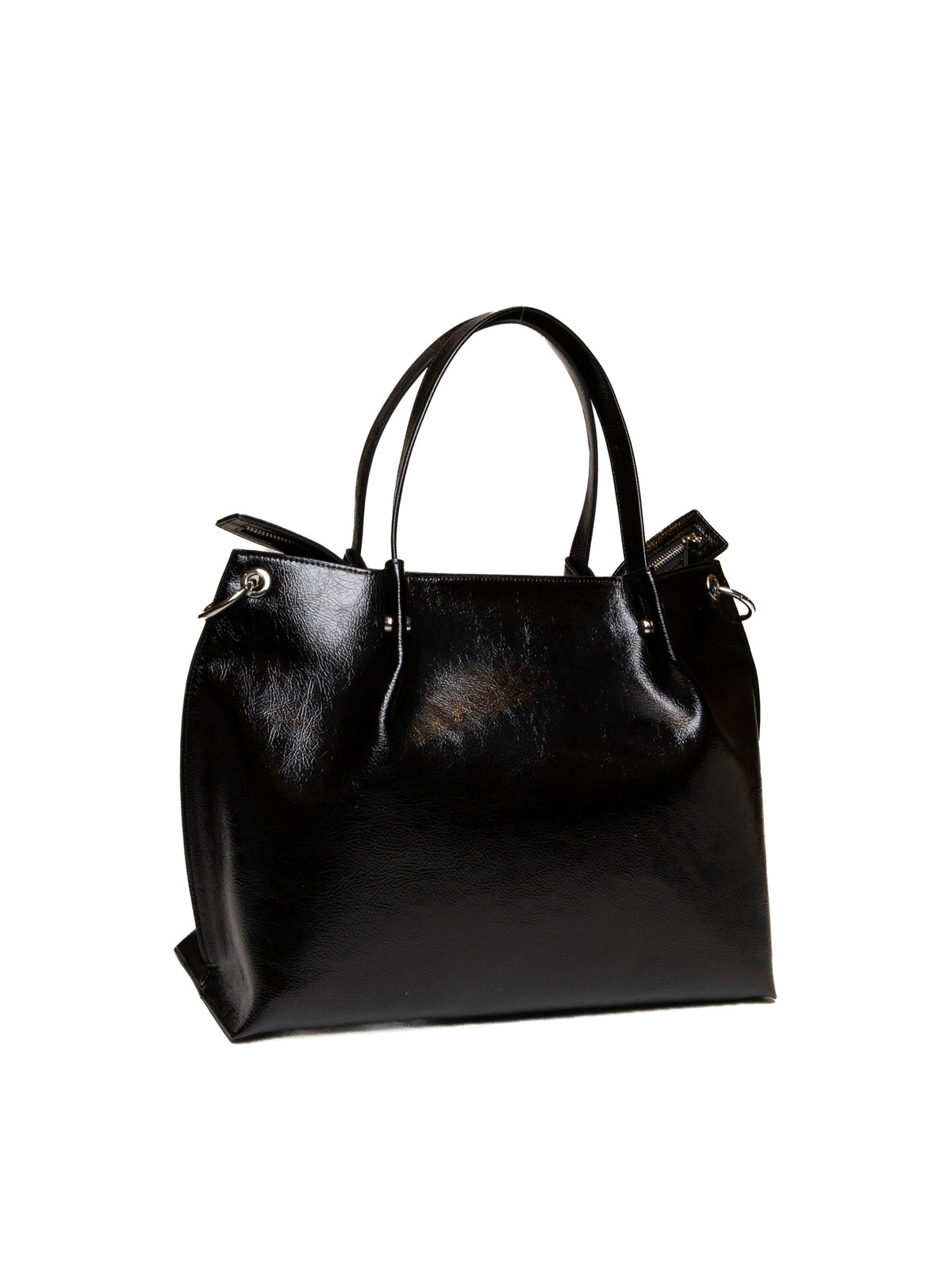 Borsa tote nera Armani Exchange in vernice stropicciata vista dal retro con manici doppi