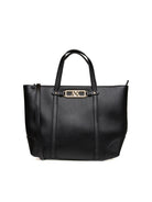 Borsa shopper nera Armani Exchange vista frontale con placca dorata logo AX e tracolla