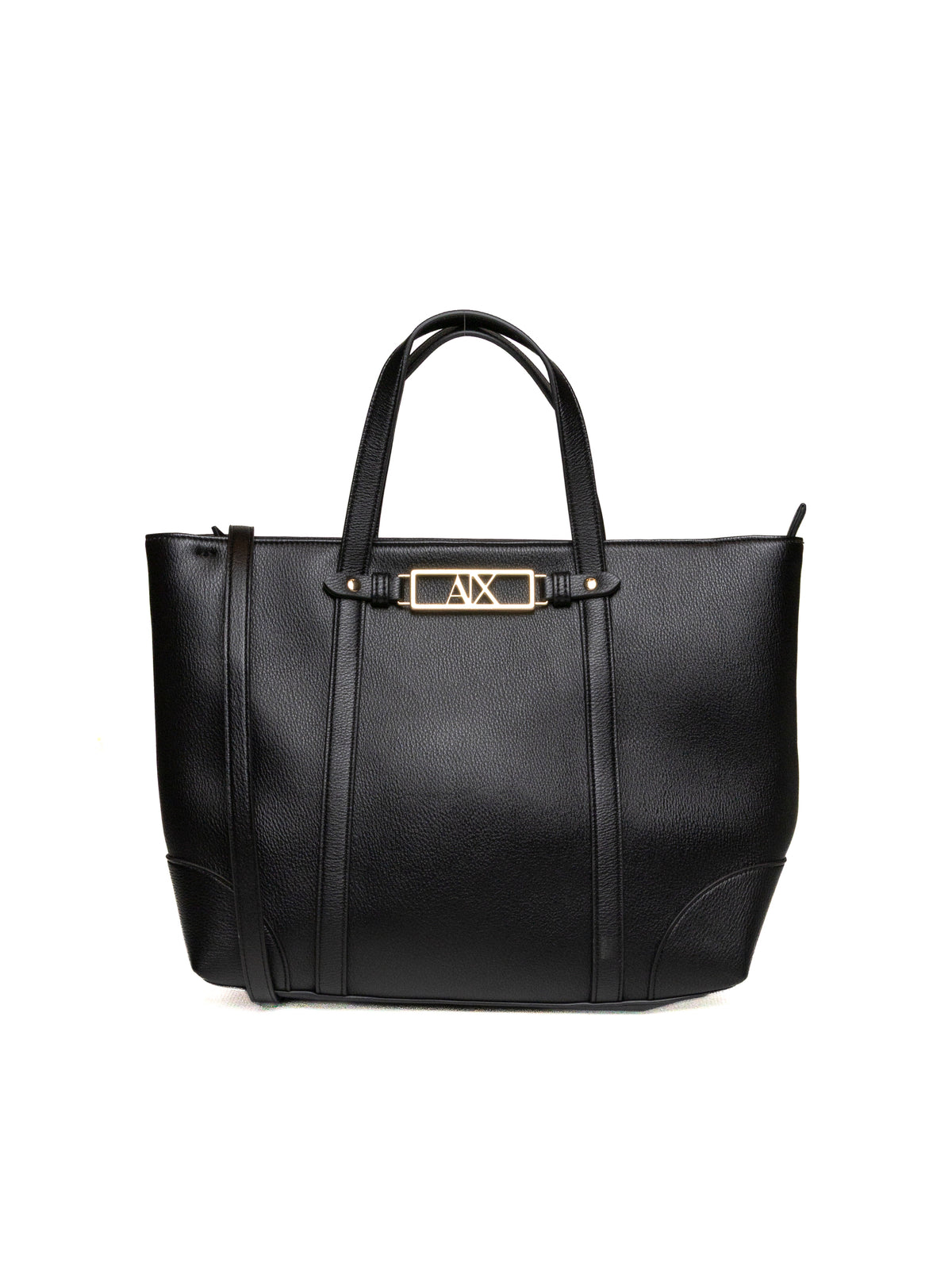 Borsa shopper nera Armani Exchange vista frontale con placca dorata logo AX e tracolla