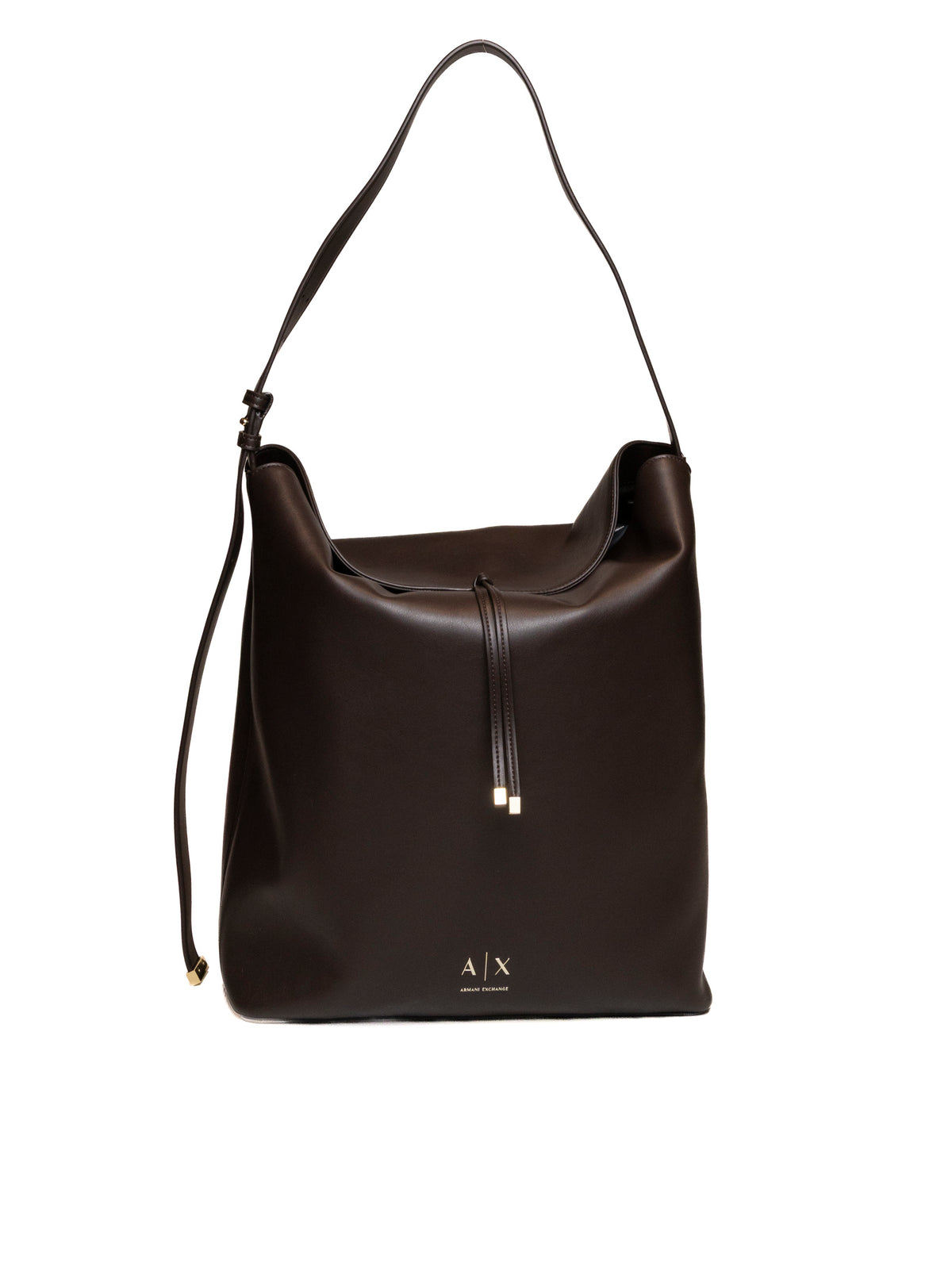 Borsa hobo in pelle moro Armani Exchange vista frontale con coulisse e logo dorato