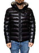 Piumino corto nero in piuma Blauer vista frontale con cappuccio e zip