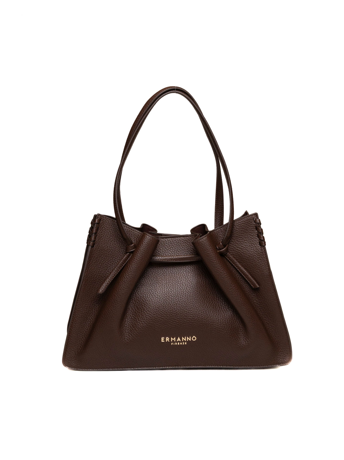 Borsa shopper Benedetta in pelle marrone scuro Ermanno Scervino vista frontale con logo dorato