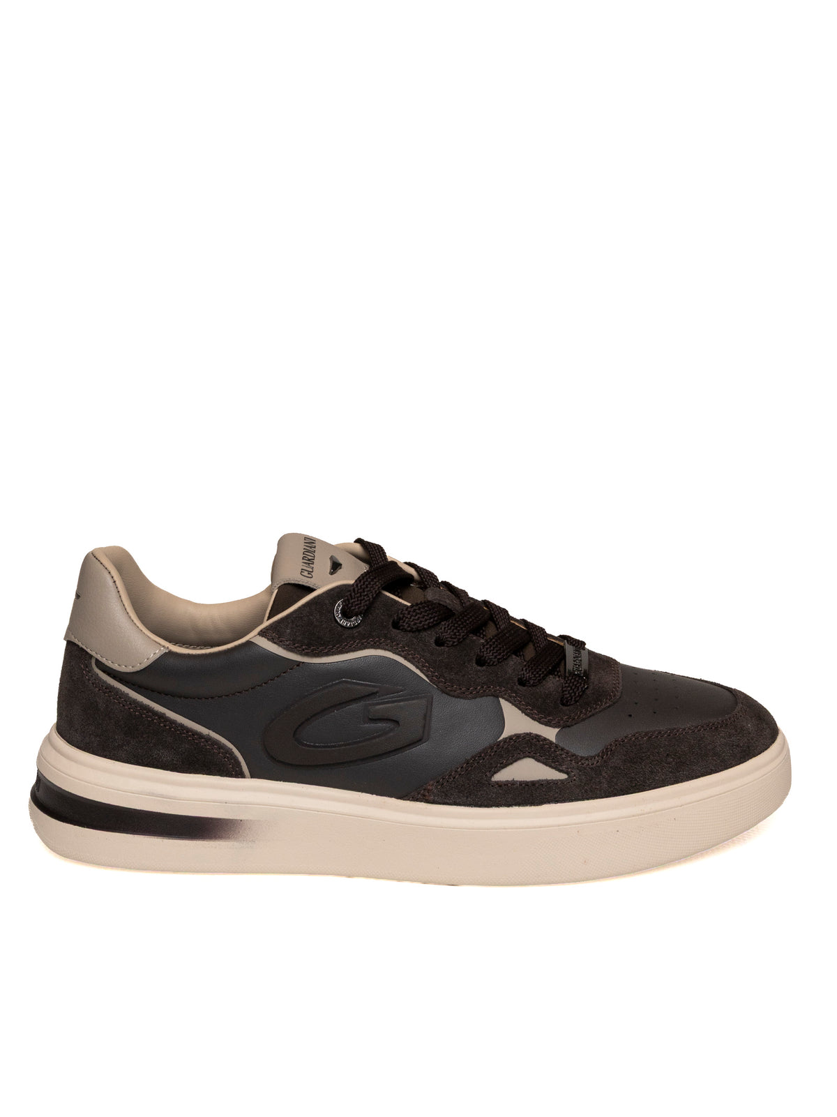 Sneaker bassa in pelle e camoscio testa di moro Guardiani con vista laterale esterna