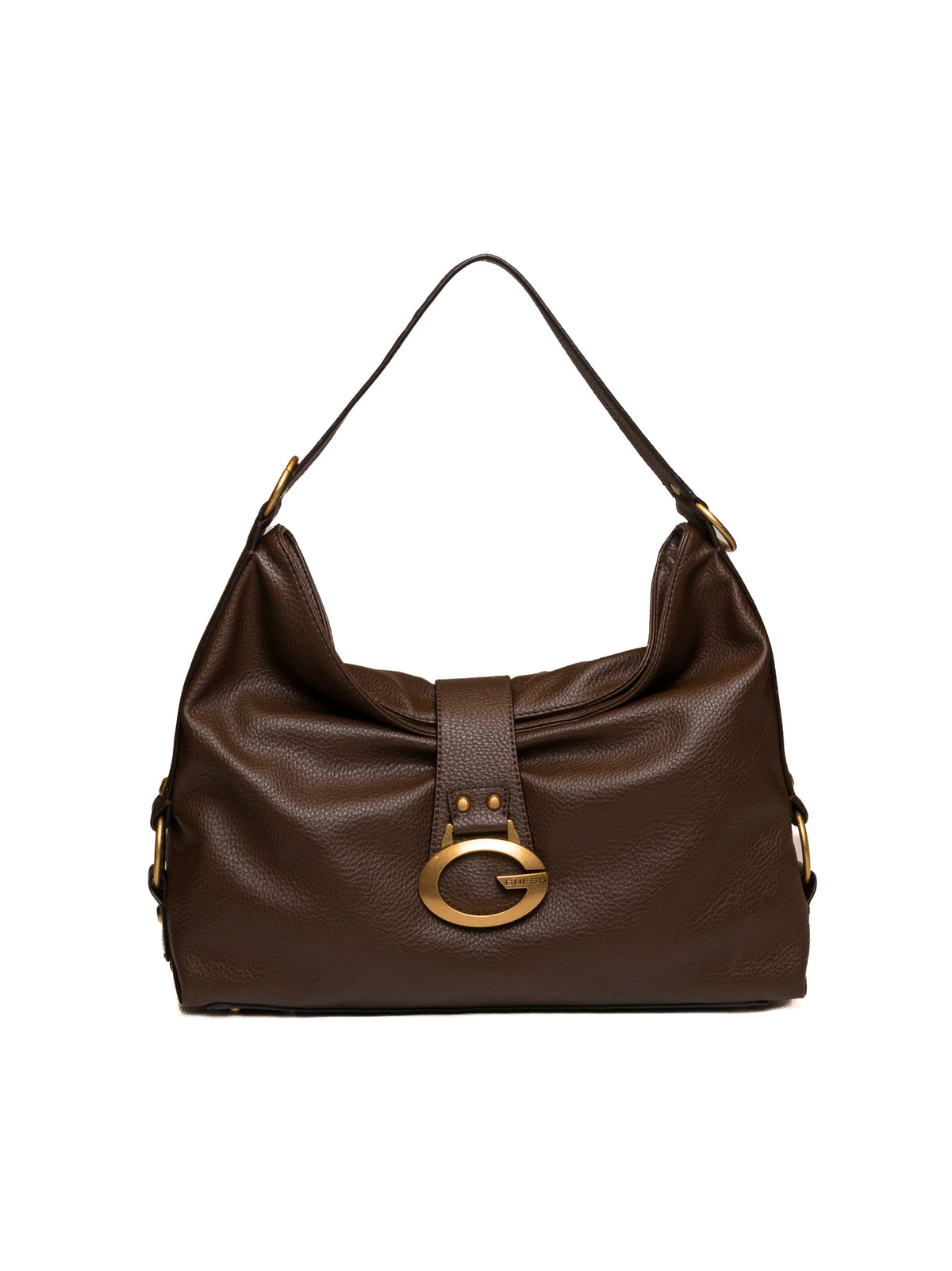 Borsa hobo Camden in pelle martellata espresso GUESS vista frontale con logo metallico G