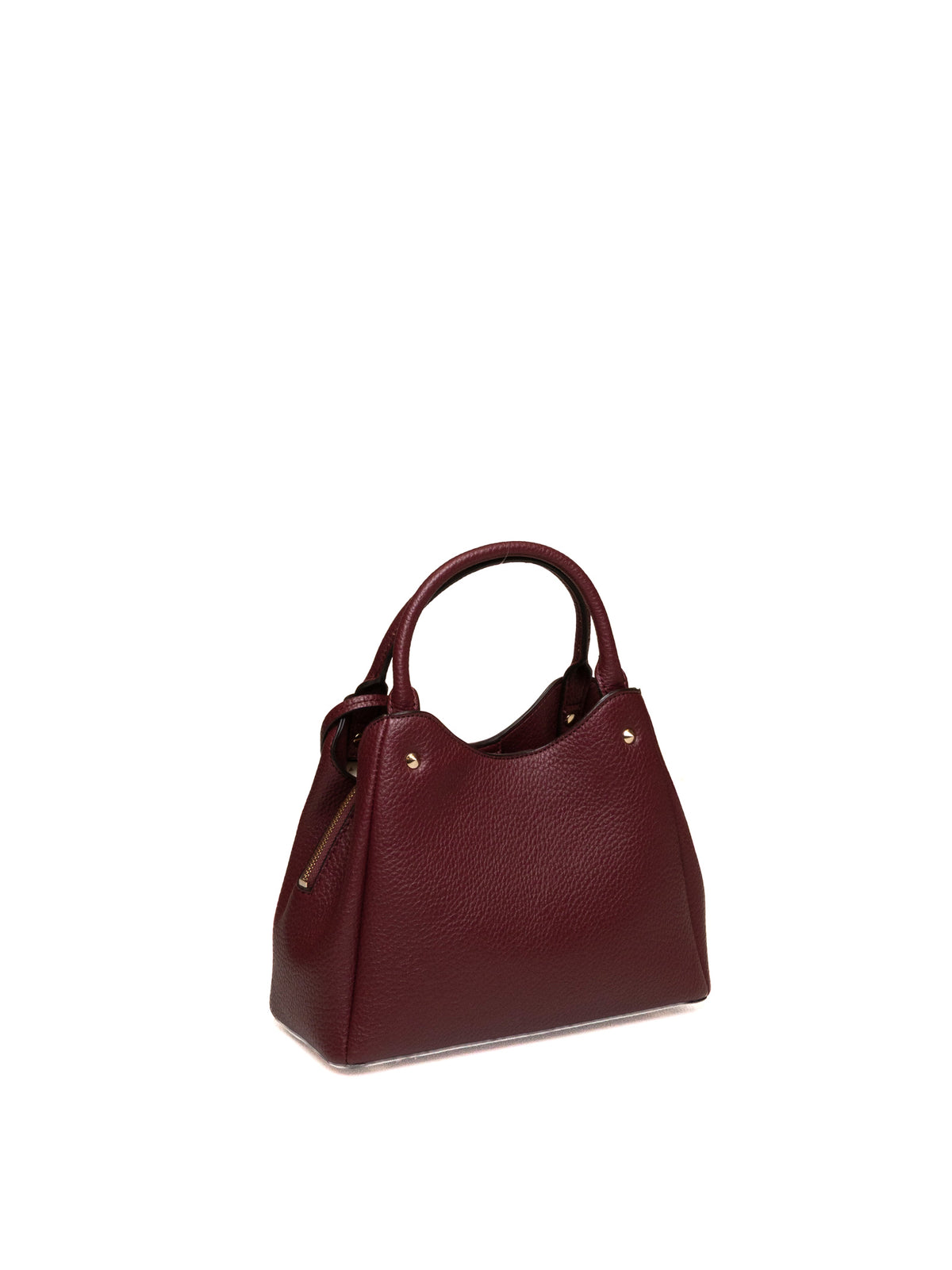 Vista posteriore della borsa in pelle martellata merlot GUESS con doppi manici e cerniera laterale