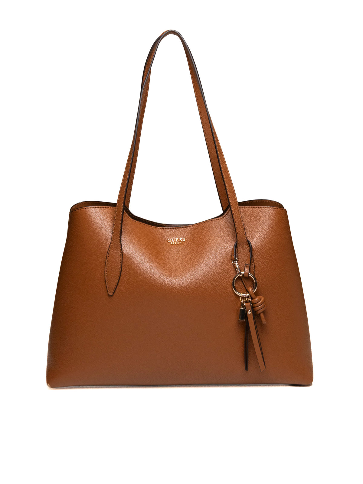 Borsa shopper Melody caramel GUESS vista frontale con logo metallico e charm pendente