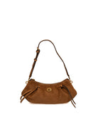 Borsa a spalla in camoscio cognac Guess vista frontale con logo e drappeggi