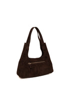 Borsa hobo in camoscio marrone GUESS vista posteriore di tre quarti con tasca zip