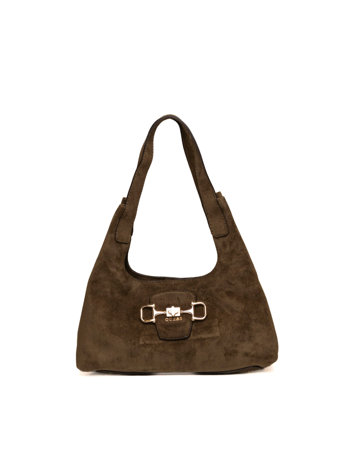 Borsa hobo Sunset verde oliva GUESS vista frontale con morsetto metallico e logo dorato