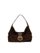 Borsa hobo Camden GUESS espresso in camoscio con fibbia dorata a G, vista frontale