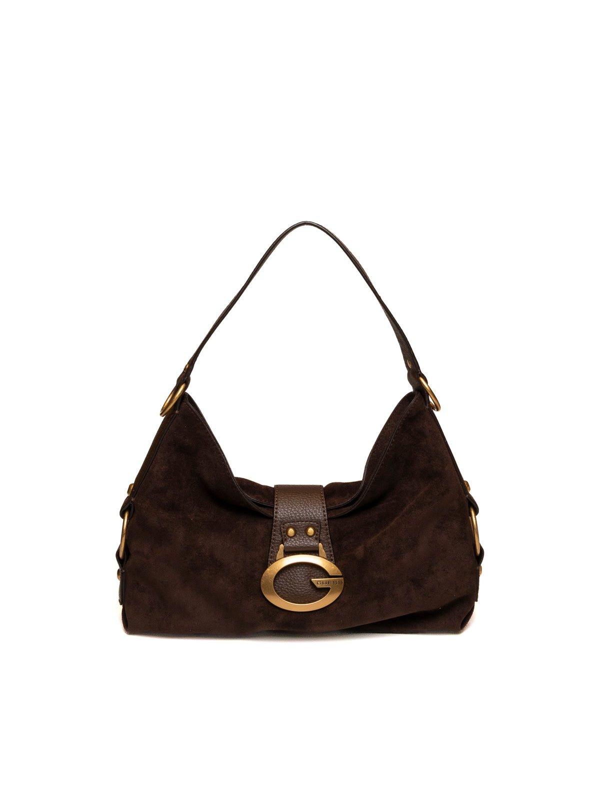 Borsa hobo Camden GUESS espresso in camoscio con fibbia dorata a G, vista frontale