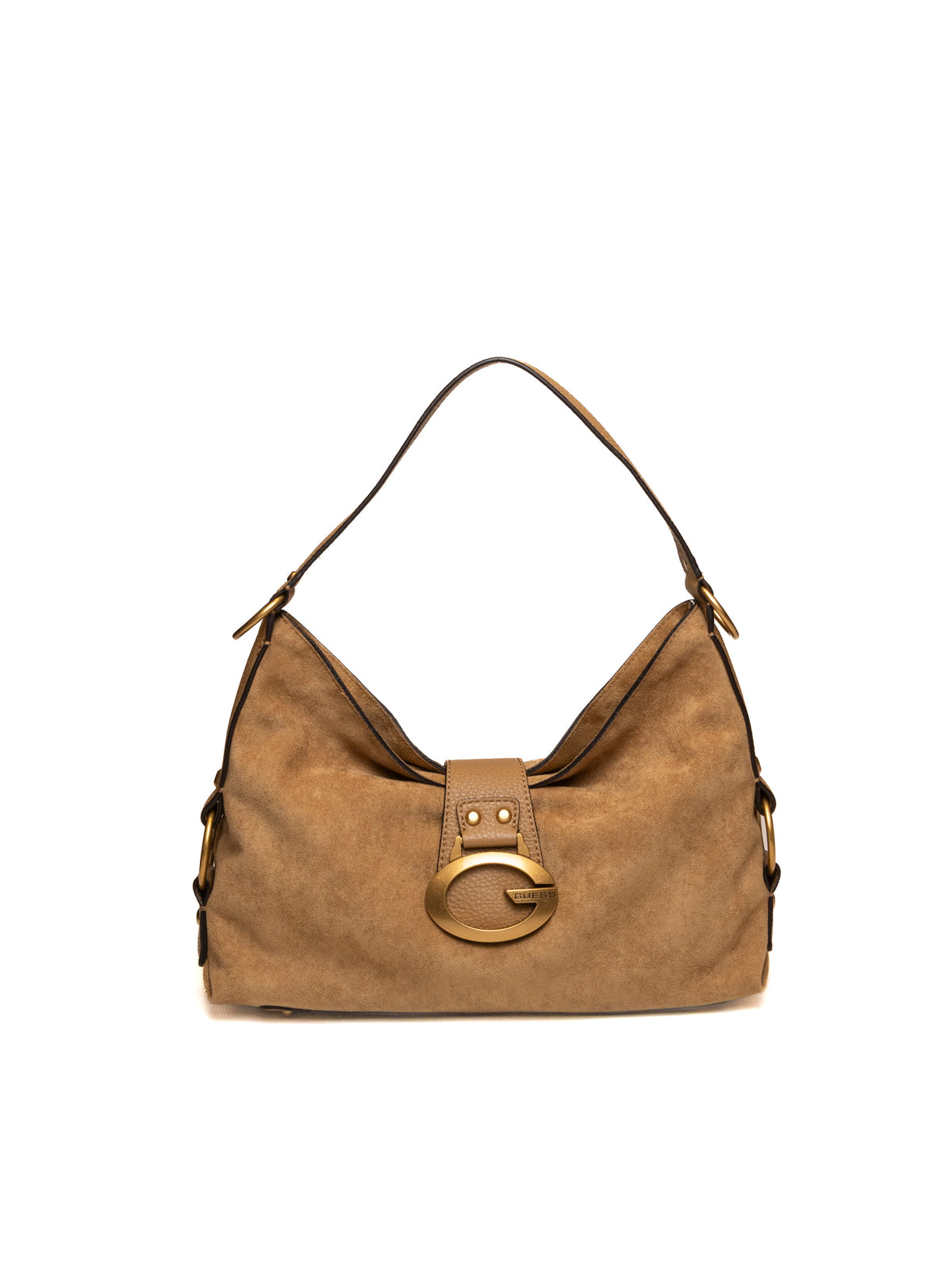 Borsa hobo Guess Camden in camoscio tan vista frontale con fibbia dorata