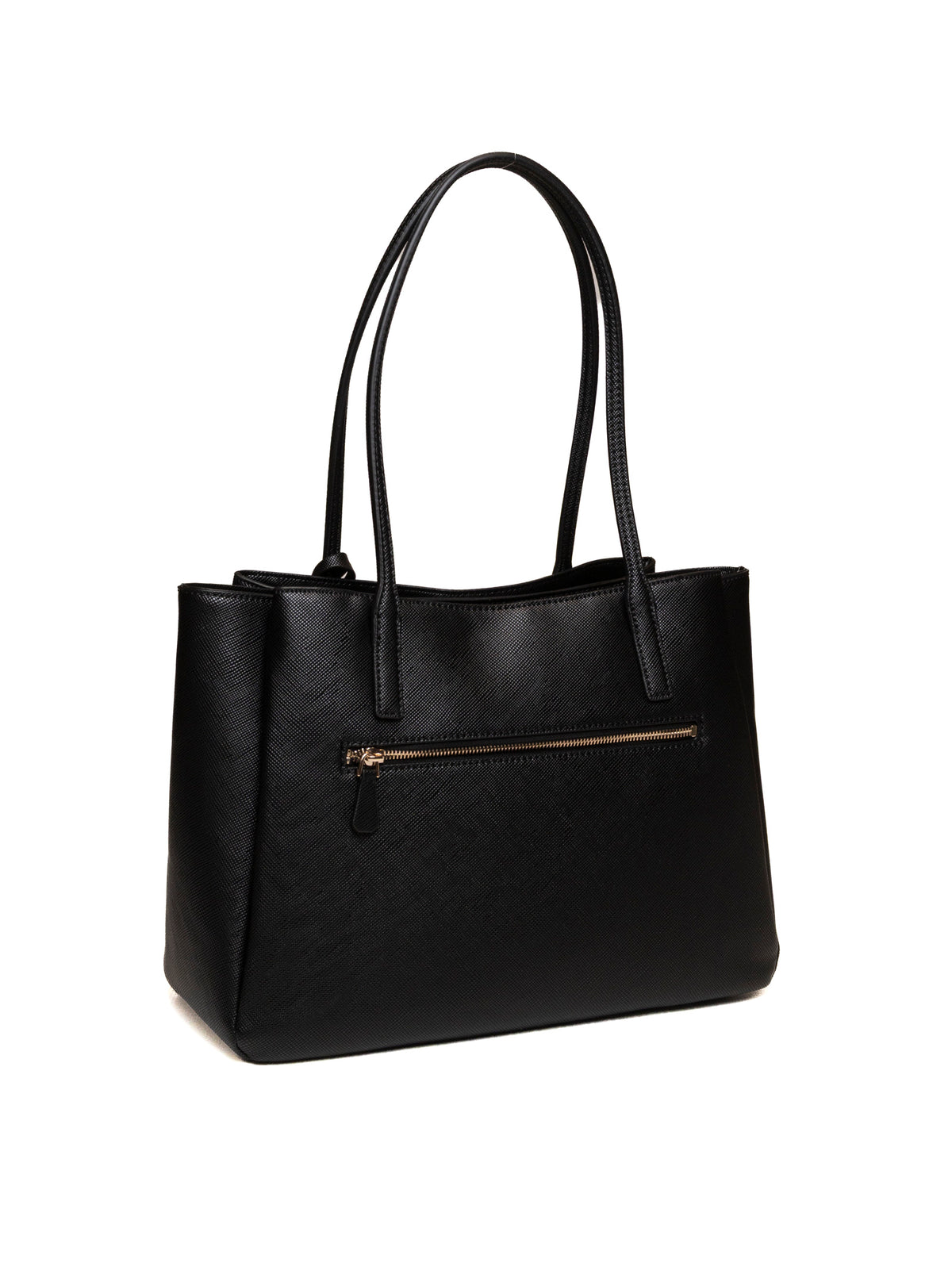 Borsa shopper nera GUESS vista sul retro con tasca esterna con zip